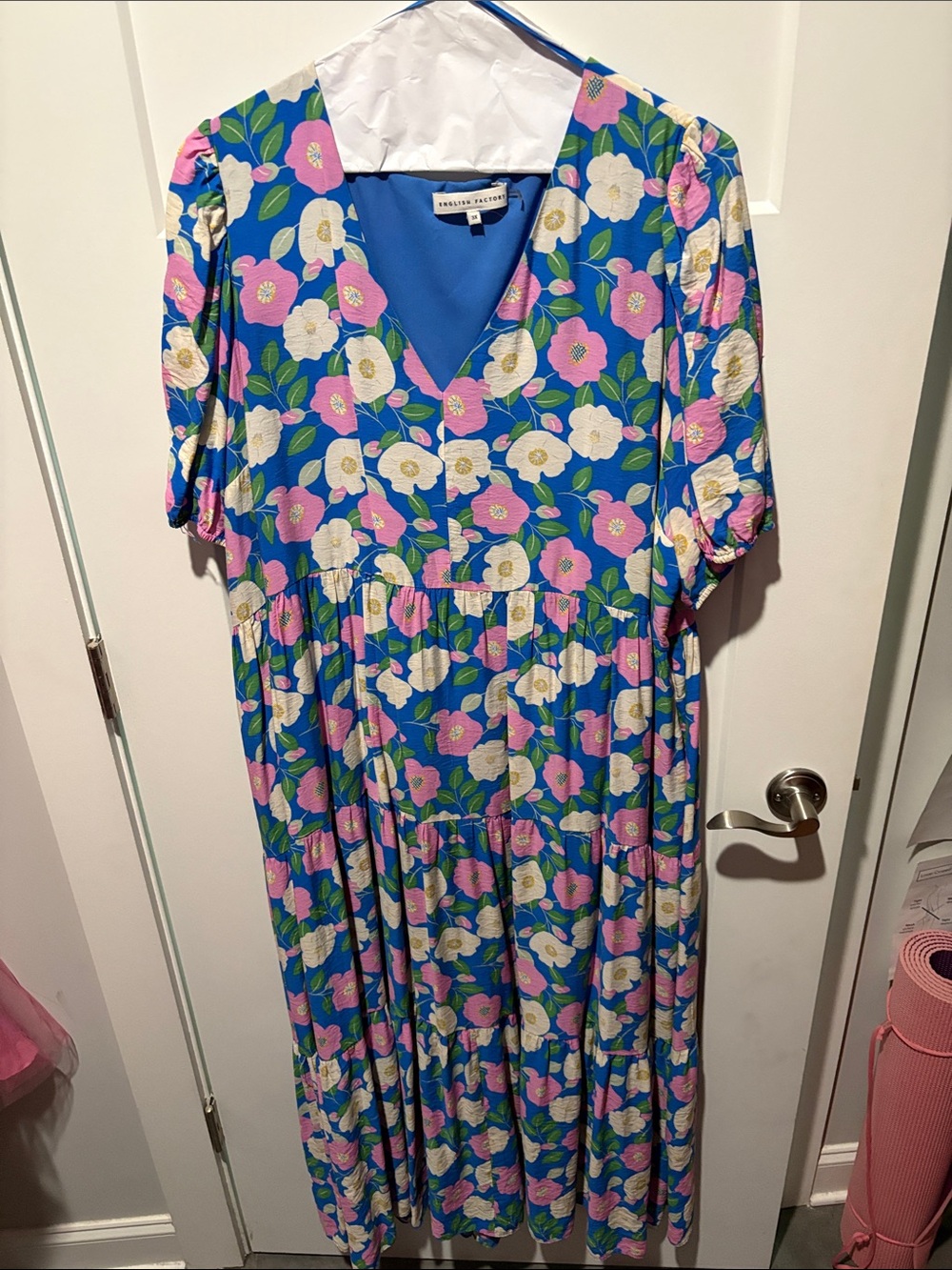English Factory Blue Floral V-Neck Tiered Midi Dress with Pink & White Flowers